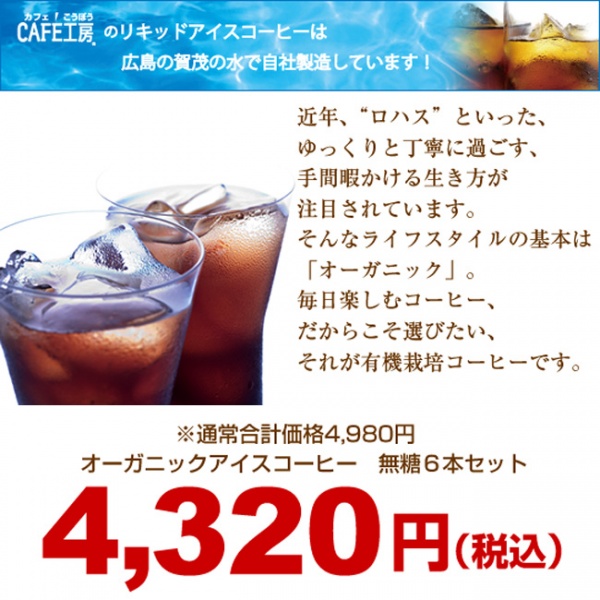 【全国送料無料】オーガニックアイスコーヒーセット【無糖6本セット】（KL-40)
