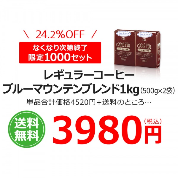 【特売】送料無料｜レギュラーコーヒーブルーマウンテンブレンド 500g×2個