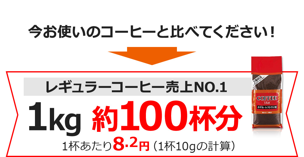 今お使いのコーヒーと比べてください!レギュラーコーヒー売上NO.1 1kg 約100杯分 1杯あたり8.2円(1杯10gの計算)