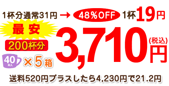 一杯あたり31円→48％OFF　1杯19円　200杯分3710円（税込）