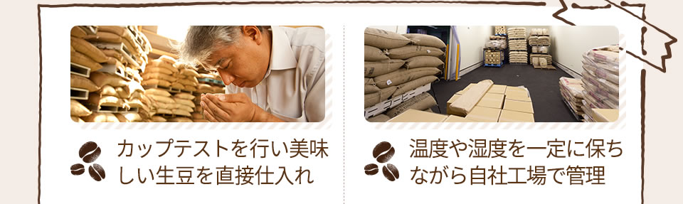 カップテストを行い美味しい生豆を直接仕入れ 温度や湿度を一定に保ちながら自社工場で管理