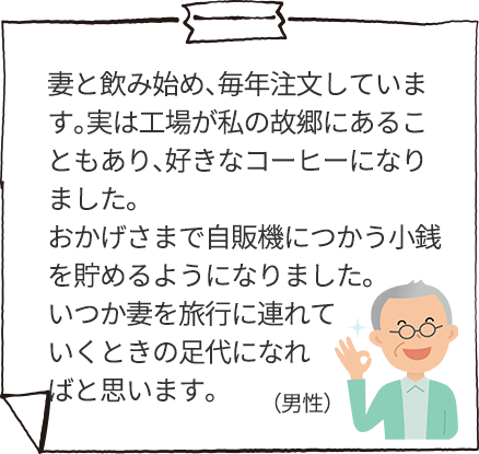 妻と飲み始め、毎年注文しています。実は工場が私の故郷にあることもあり、好きなコーヒーになりました。おかげさまで自販機につかう小銭を貯めるようになりました。いつか妻を旅行に連れていくときの足代になればと思います。