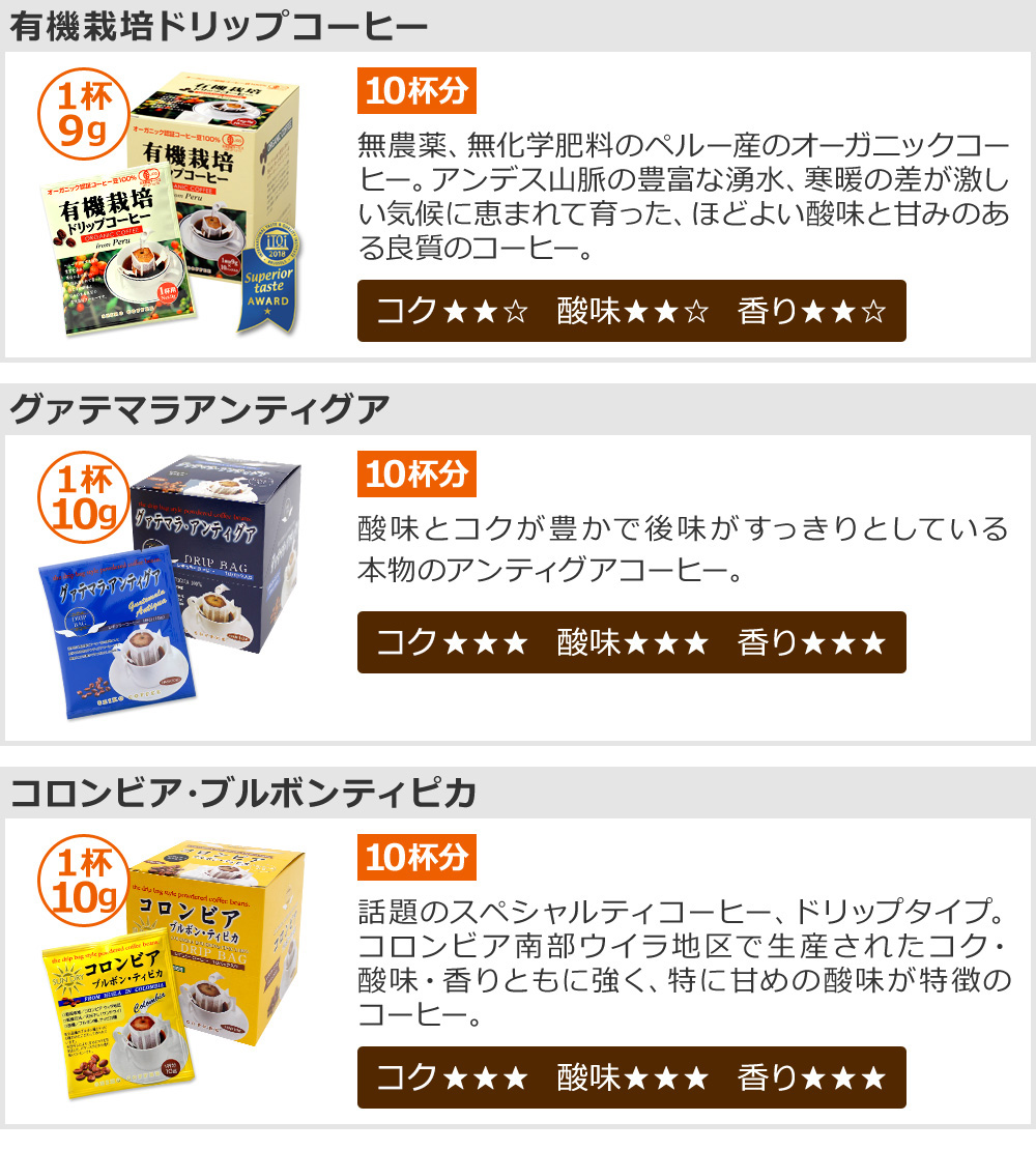 有機栽培ドリップコーヒー グァテマラアンティグア コロンビア・ブルボンティピカ