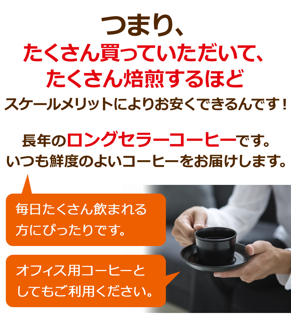 つまり、たくさん買っていただいて、たくさん焙煎するほどスケールメリットによりお安くできるんです！長年のロングセラーコーヒーです。いつも鮮度のよいコーヒーをお届けします。