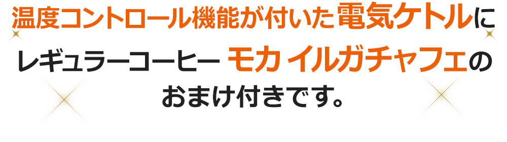 温度コントロール機能が付いた電気ケトルにレギュラーコーヒーモカ イルガチャフェのおまけ付きです。