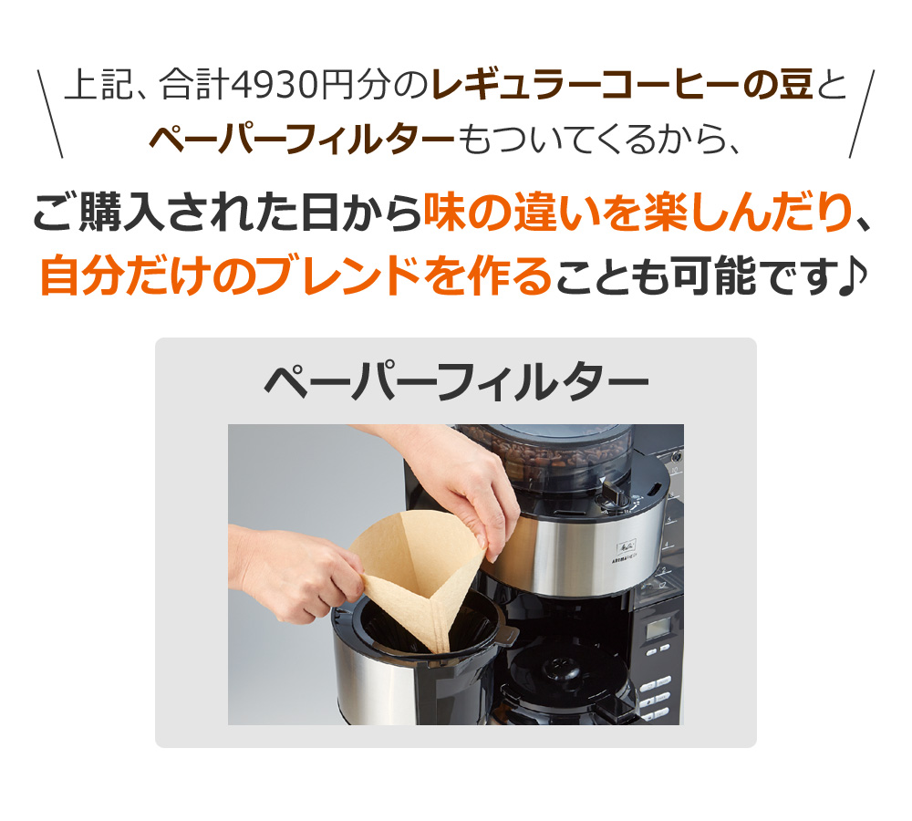 レギュラーコーヒーの豆とペーパーフィルターもついてくる