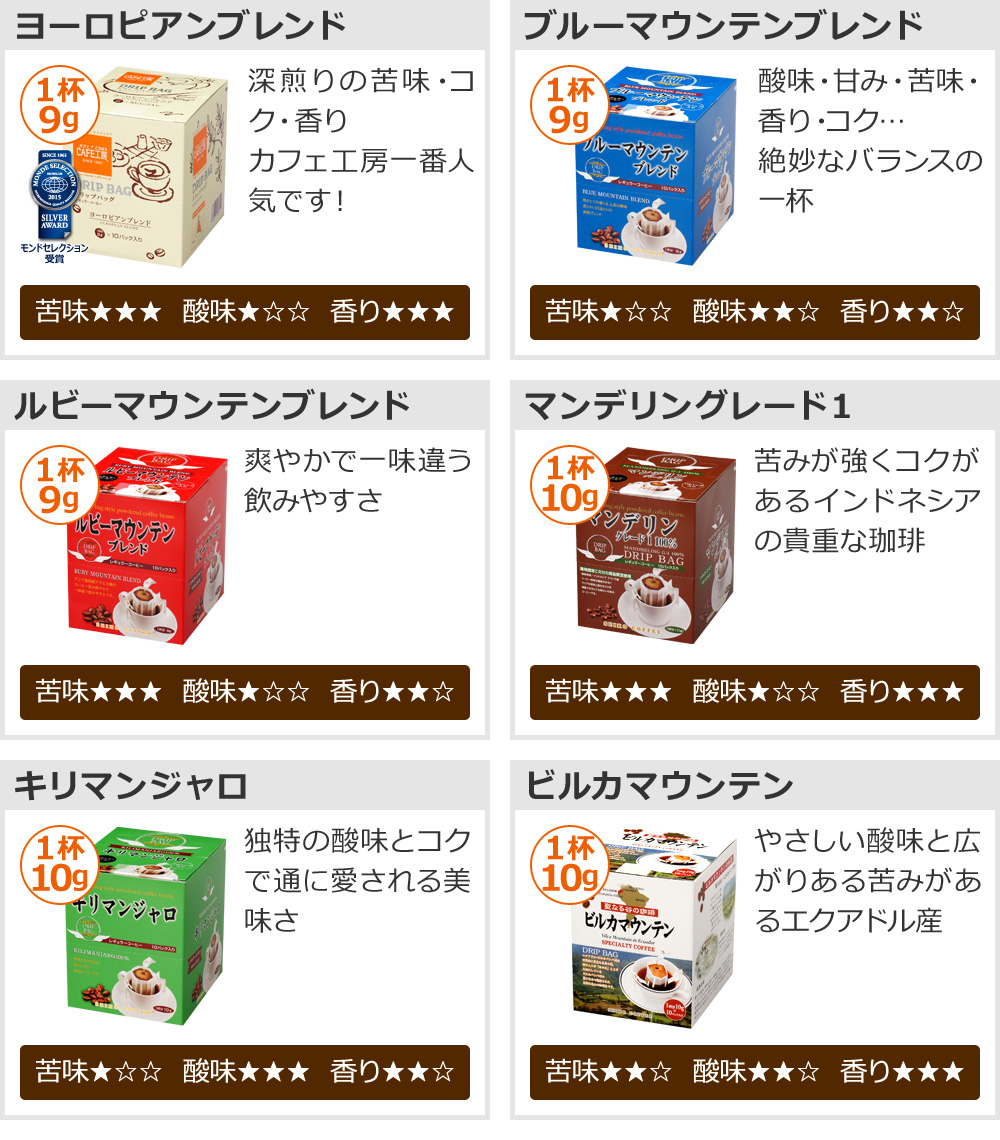ヨーロピアンブレンド ブルーマウンテンブレンド ルビーマウンテンブレンド マンデリングレード1 キリマンジャロ ビルカマウンテン