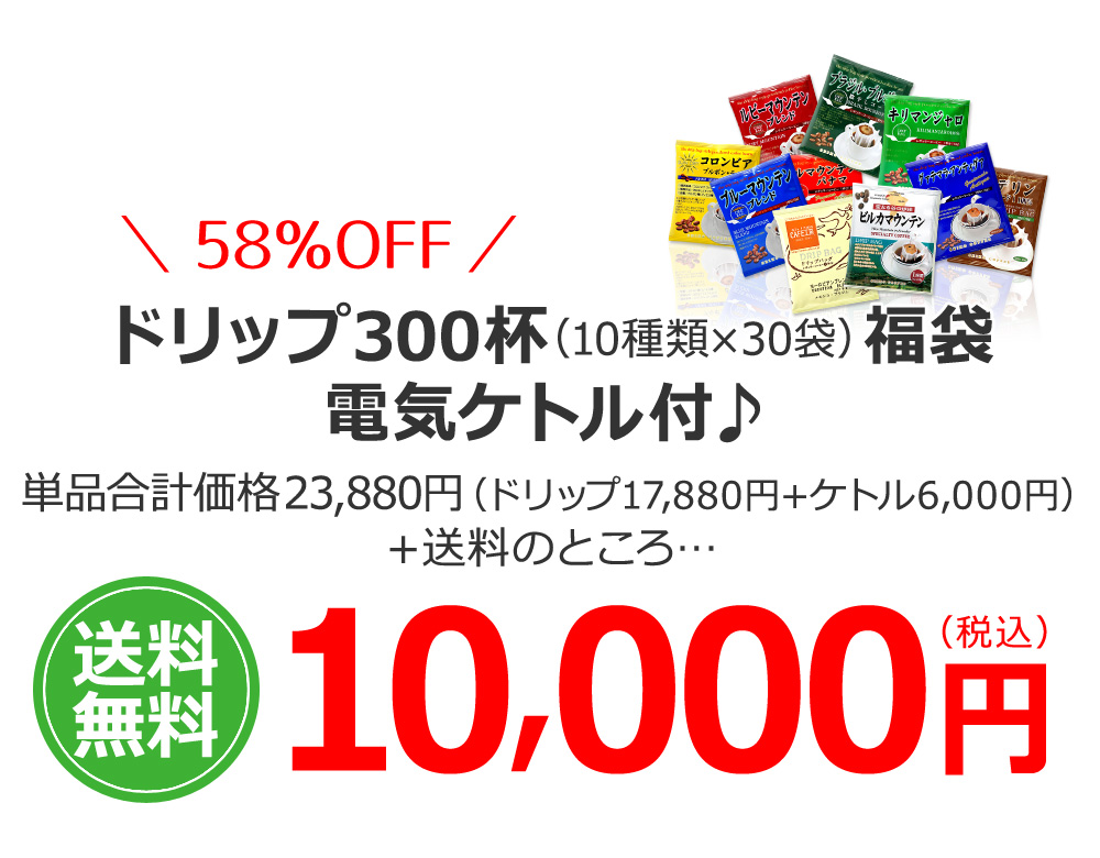 ドリップ300杯(10種類×30袋)福袋 電気ケトル付♪