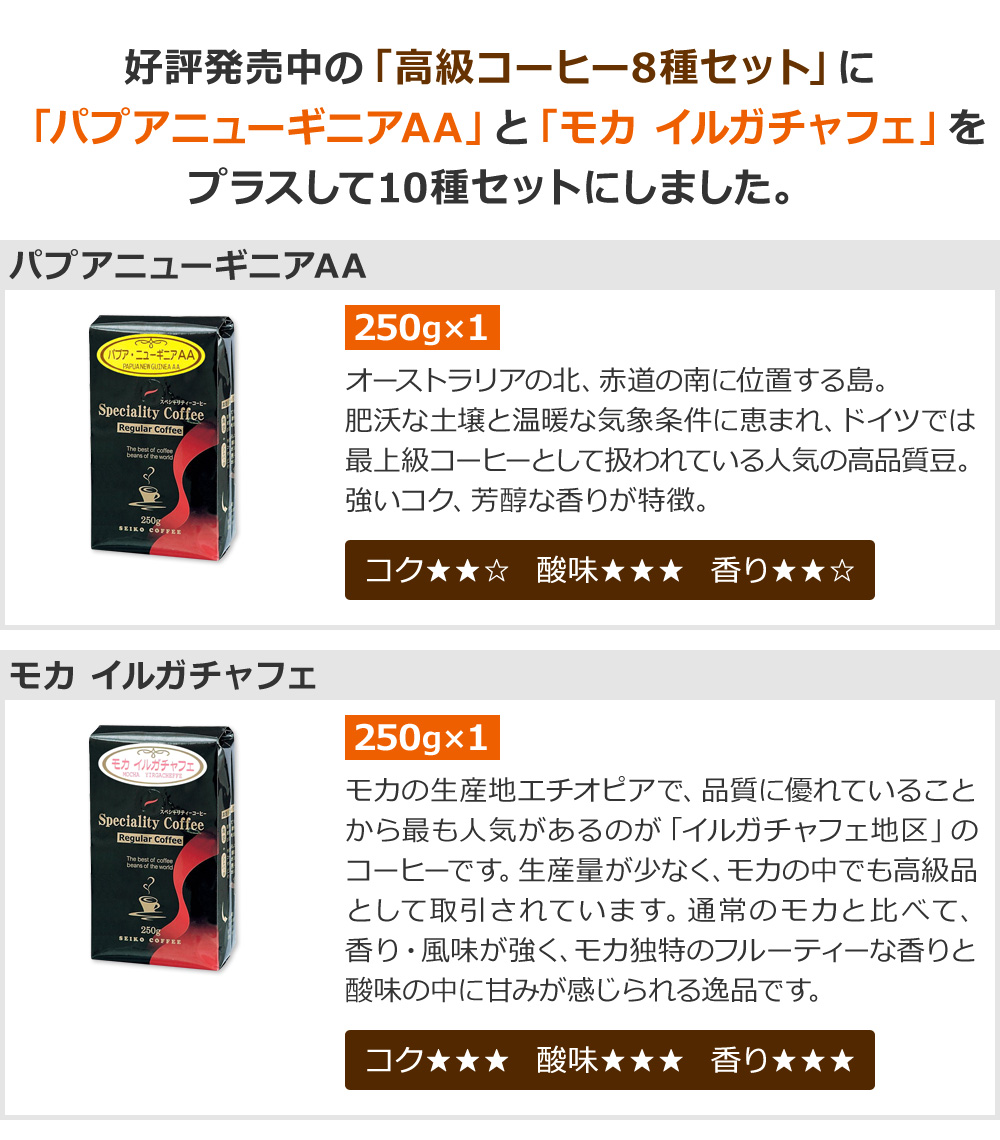 好評発売中の「高級コーヒー8種セット」に「パプアニューギニアAA」と「モカ イルガチャフェ」をプラスして10種セットにしました。